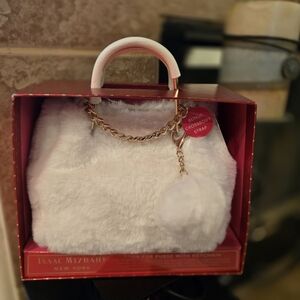 Isaac Mizrahi White Faux Fur Purse with Puff Ball Keychain
